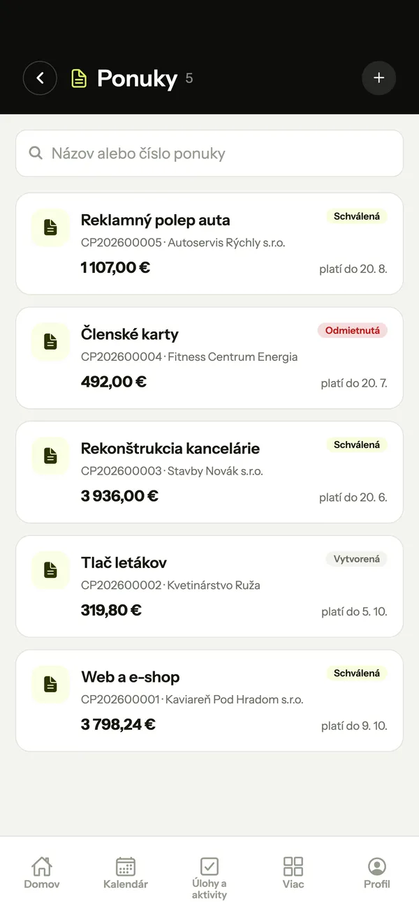 Cenové ponuky v mobilnej aplikácii Proon. Business