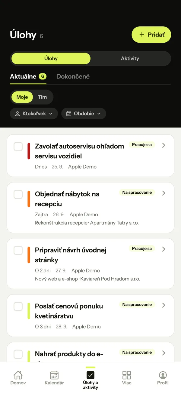 Úlohy v mobilnej aplikácii Proon. Business